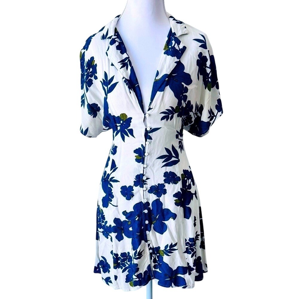 Blue Floral  Mini Dress Button-Front Shirt Dress 90s Collared Forever 21 Sz S